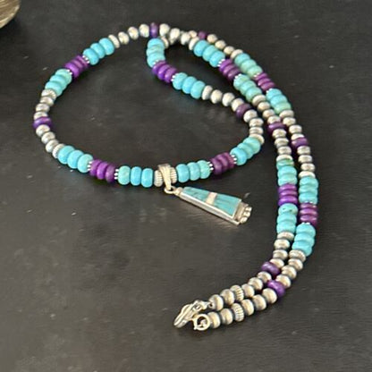 Navajo Blue Turquoise Sugilite Necklace Pendant | Sterling Silver Inlay | Authentic Native American Handmade | 14643