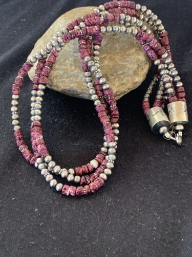 Navajo Purple Spiny Oyster Necklace | 3 Strand | Sterling Silver | 22" | Authentic Native American Handmade | 467