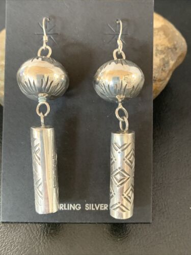 Navajo Sterling Silver Bead Earrings | Handmade Native American Pearls | 2.75" | 1519