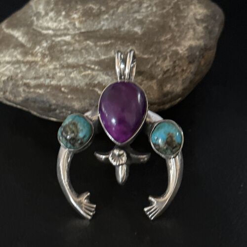 Navajo Sterling Silver Blue Turquoise Purple Sugilite Naja Pendant | Authentic Native American Handmade | 14673