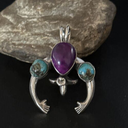 Navajo Sterling Silver Blue Turquoise Purple Sugilite Naja Pendant | Authentic Native American Handmade | 14673
