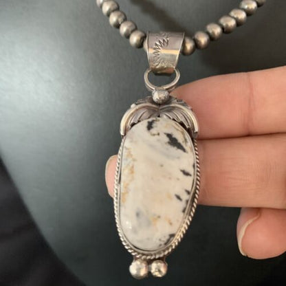 Men's Navajo Pearl White Buffalo Turquoise Sterling Necklace Pendant | 13752