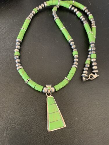 Native American Navajo Sterling Silver Necklace | Green Gaspeite Inlay Pendant | 12150