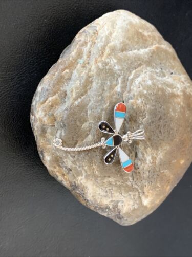 Zuni Turquoise Mother of Pearl Inlay Dragonfly Necklace Pin Pendant | Sterling Silver | 12327