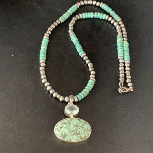 Navajo Pearls Necklace with Blue Spiderweb Turquoise Pendant | Sterling Silver | 13910