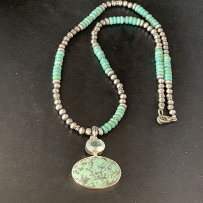 Navajo Pearls Necklace with Blue Spiderweb Turquoise Pendant | Sterling Silver | 13910