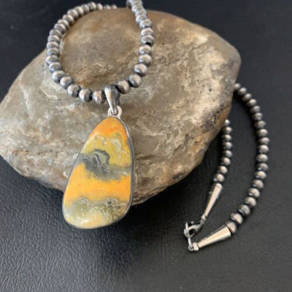 Navajo Yellow Bumblebee Jasper Pendant | Sterling Silver Necklace | Authentic Native American Handmade | 12811