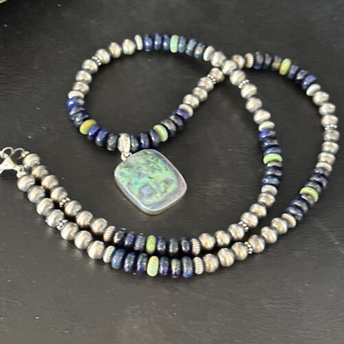 Navajo Green Turquoise Lapis Necklace with Opal Pendant | Sterling Silver | Native American Handmade | 14369