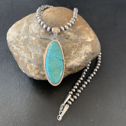 Navajo Pearl Necklace with Blue Spiderweb Turquoise Pendant | Sterling Silver | 13257