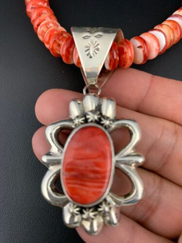 Navajo Red Spiny Oyster Pendant Necklace | Sterling Silver | Authentic Native American Handmade | 4783