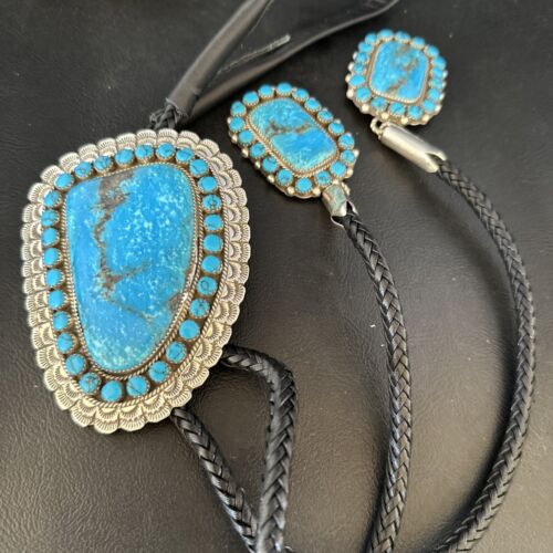 Navajo Blue Kingman Turquoise Bolo Tie | Sterling Silver | Authentic Native American Handmade | 14228