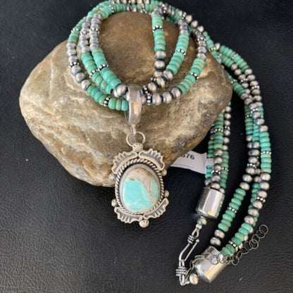 Navajo Royston Turquoise Pendant | Sterling Silver | 3-Strand Spiny Necklace | Authentic Native American Handmade | 01676