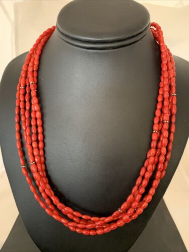 Native American Navajo 5-Strand Red Coral Necklace | Sterling Silver | Authentic Handmade | 01140