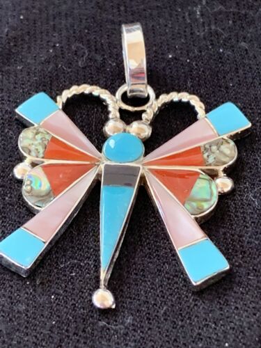 Zuni Turquoise Spiny Oyster Mother of Pearl Butterfly Necklace Inlay Pin Pendant | Sterling Silver | 1366