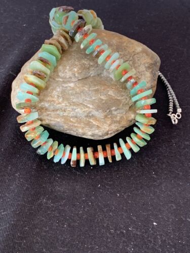Navajo Green Chrysoprase Spiny Oyster Necklace | Sterling Silver | Authentic Native American Handmade | 24" | 00512