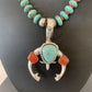 Navajo Pearl Necklace with Blue Turquoise & Coral | Sterling Silver Naja Pendant | 02062