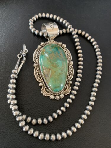 Navajo Green Royston Turquoise Pendant Necklace | Sterling Silver | Authentic Native American Handmade | 10238