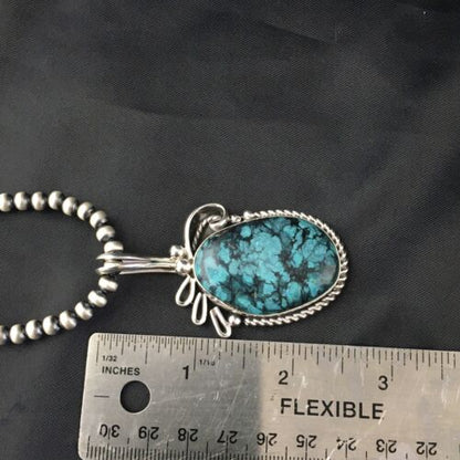 Navajo Pearls Sterling Silver Pendant with Blue Spiderweb Turquoise | 2.5" | Authentic Native American Handmade | 10164