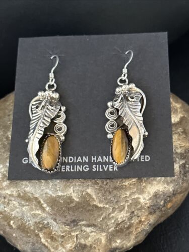 Navajo Coffee Tigers Eye Dangle Earrings | Sterling Silver | Authentic Native American Handmade | 14759 - Masha USA