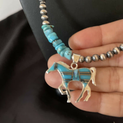 Navajo Horse Inlay Pendant | Blue Turquoise Opal | Sterling Silver | Authentic Native American Handmade | 11328