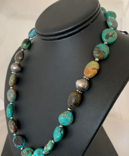 Authentic Native American Navajo Sterling Silver Spiderweb Turquoise Graduated Nugget Necklace | 20" | 229