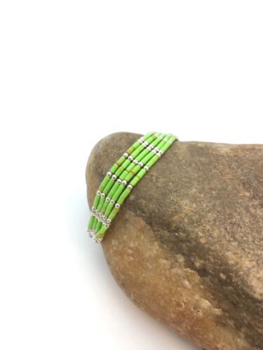 Handmade Liquid Silver Green Gaspeite Heishi Bracelet | Sterling Silver | 5-Strand | 7" | 13606