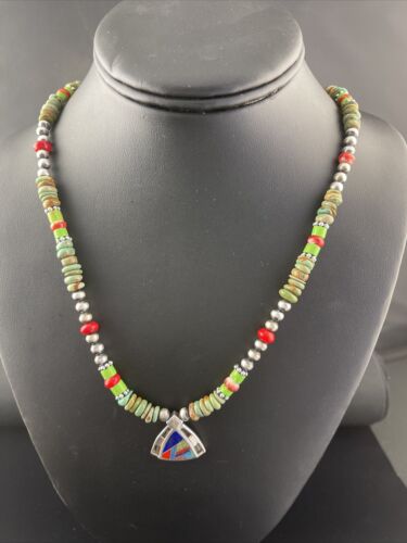 Navajo Turquoise & Spiny Oyster Inlay Pendant Necklace | Sterling Silver | Authentic Native American Handmade | 01622