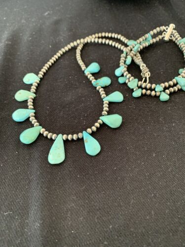Navajo Pearls Sterling Silver Necklace & Bracelet Set | Blue Turquoise | Authentic Native American Handmade | 516