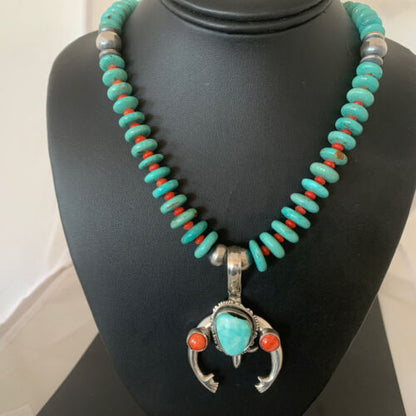 Navajo Sterling Silver Necklace | Blue Turquoise & Spiny Oyster Naja Pendant | Authentic Native American Handmade | 2060