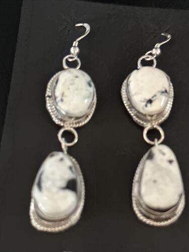 Navajo White Buffalo Turquoise Dangle Earrings | Sterling Silver | 2" | Authentic Native American Handmade | 14712