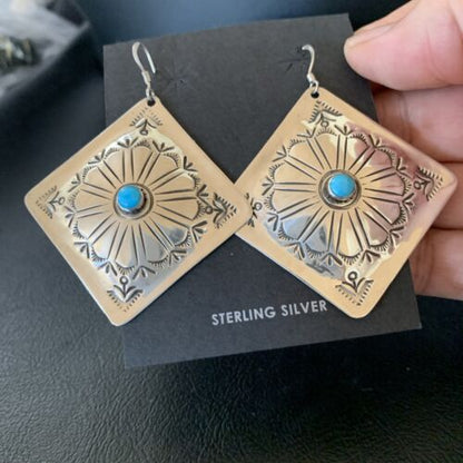 Navajo Blue Turquoise Earrings | Stamped Sterling Silver | Authentic Native American Handmade | 13321