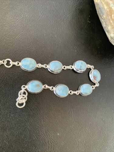 Navajo Blue Larimar 7-Link Bracelet | Sterling Silver | 7.5" | Authentic Native American Handmade | 10624