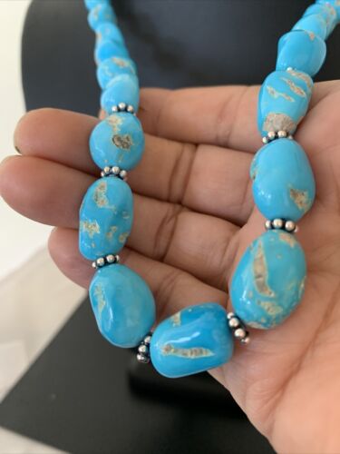 Navajo Sleeping Beauty Turquoise Beads Necklace | Sterling Silver Pearls | Authentic Native American Handmade | 00800