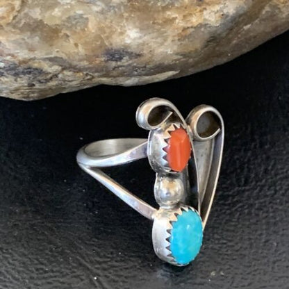 Navajo Coral Blue Turquoise Multi-Stone Ring | Authentic Native American Sterling Silver | Sz 6.5 | 10826