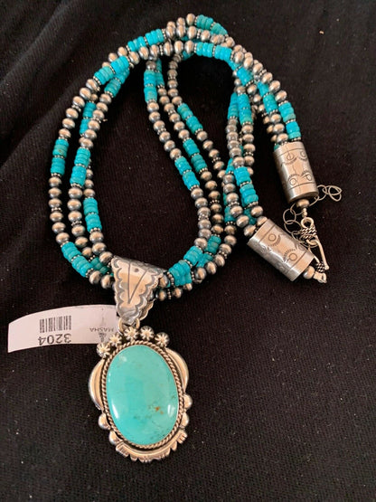 Navajo Kingman Turquoise Pendant Necklace | Sterling Silver | 3-Strand | Authentic Native American Handmade | 3204