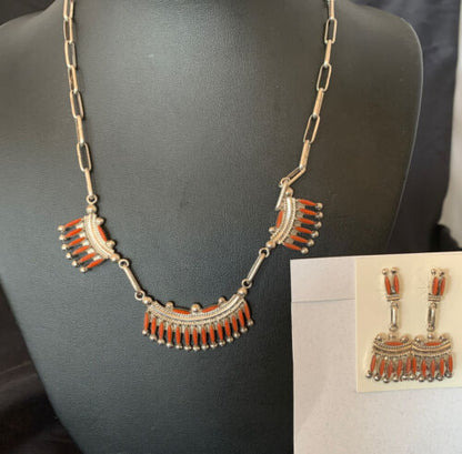 Zuni Coral Sterling Silver Petite Point Needle Necklace Pendant Earrings Set | Authentic Native American Handmade | 11909