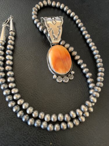 Navajo Orange Spiny Oyster Pendant Necklace | Sterling Silver | Authentic Native American Handmade | 13085
