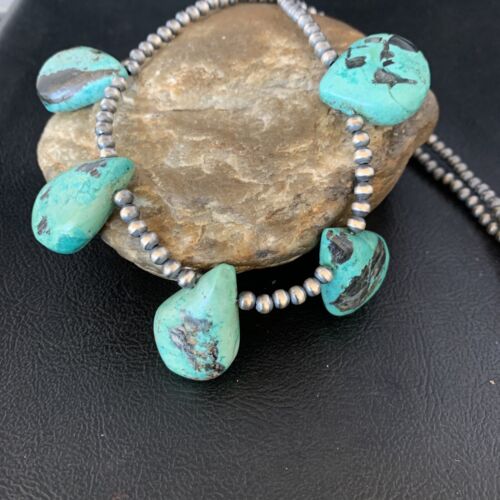 Navajo Teardrop Blue Turquoise Necklace | Sterling Silver Pearls | 20" | Authentic Native American Handmade | 13959