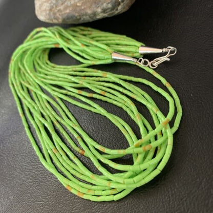 Southwestern Green Gaspeite Heishi Necklace | 10 Strand | Sterling Silver | 20" | 2237