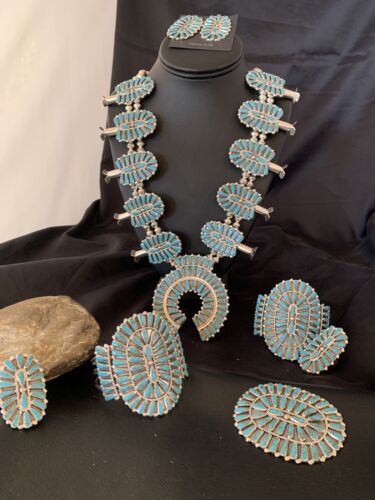 Navajo Blue Turquoise Squash Blossom Necklace | Sterling Silver | 7Pc Cluster Pendant | 12084