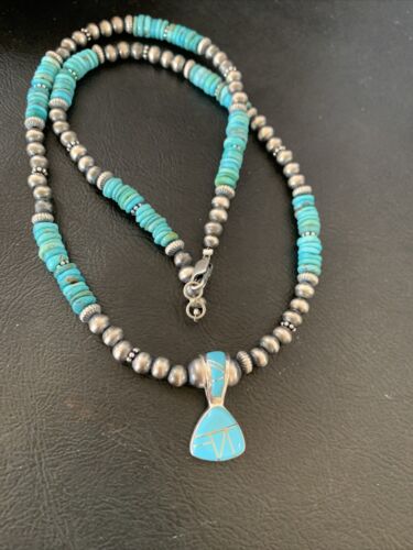 Navajo Pearl Necklace with Blue Turquoise Inlay Pendant | Sterling Silver | Authentic Native American Handmade | 12500