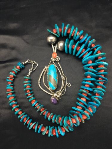 Navajo Kingman Turquoise & Spiny Oyster Multi-Stone Pendant Necklace | Authentic Native American Sterling Silver | 2637