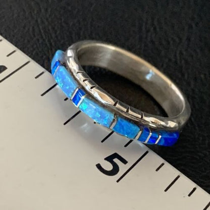 Navajo Blue Opal Inlay Ring | Sterling Silver | Sz 10.5 | Authentic Native American Handmade | Yazzie | 12963