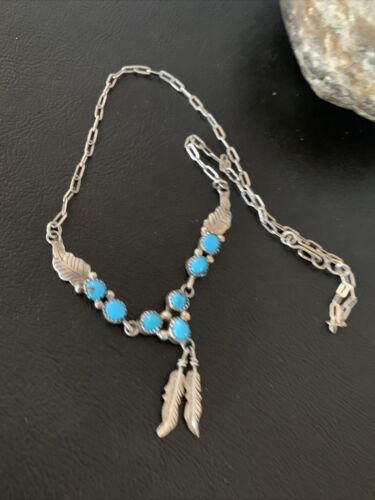 Old Pawn Navajo Blue Kingman Turquoise Necklace | Sterling Silver | 16" Chain | Authentic Native American Handmade | 1184