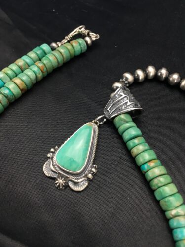 Navajo Green Turquoise Pendant Necklace | Sterling Silver | Authentic Native American Handmade | 2646