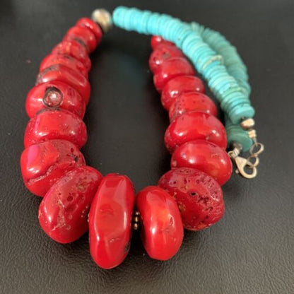Navajo Red Coral & Turquoise Bead Necklace | Sterling Silver | Authentic Native American | 21" | 13163