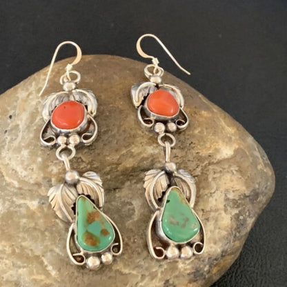 Navajo Green Royston Turquoise & Red Coral Dangle Earrings | Sterling Silver | Native American Handmade | 12553