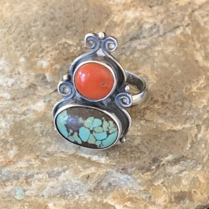 Native American Navajo Multi-Stone Ring | Blue Turquoise & Coral | Sterling Silver | Sz 7 | 11522