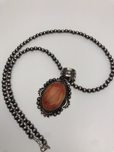 Navajo Pearls Orange Spiny Oyster Pendant Necklace | Sterling Silver | Authentic Native American Handmade | 11296