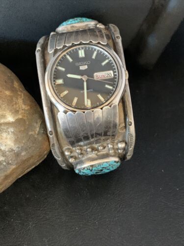 Navajo Sterling Silver Bracelet with Blue Kingman Turquoise | Men's Automatic Seiko Watch Cuff | Authentic Native American Jewelry | 12168